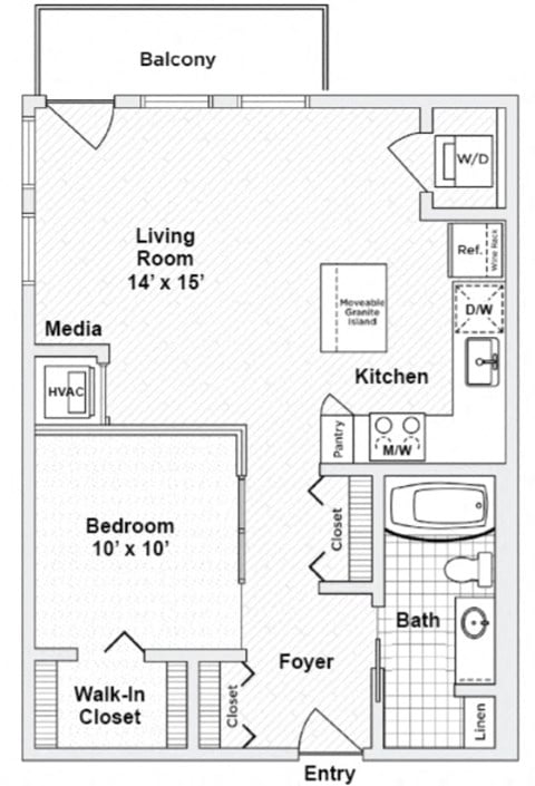 Floor plan for 1 bed, 1 bath, 656 sqft